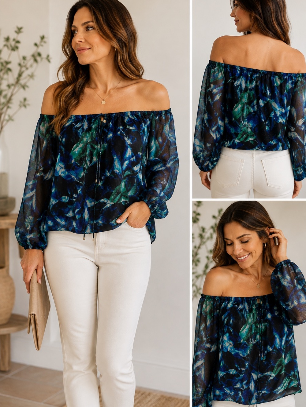 White House Black Market Off-the-Shoulder Blouse in Blue and Green Leaf Print
